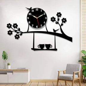 3D Bird on Tree With Coffee Cup Wooden Wall Clock