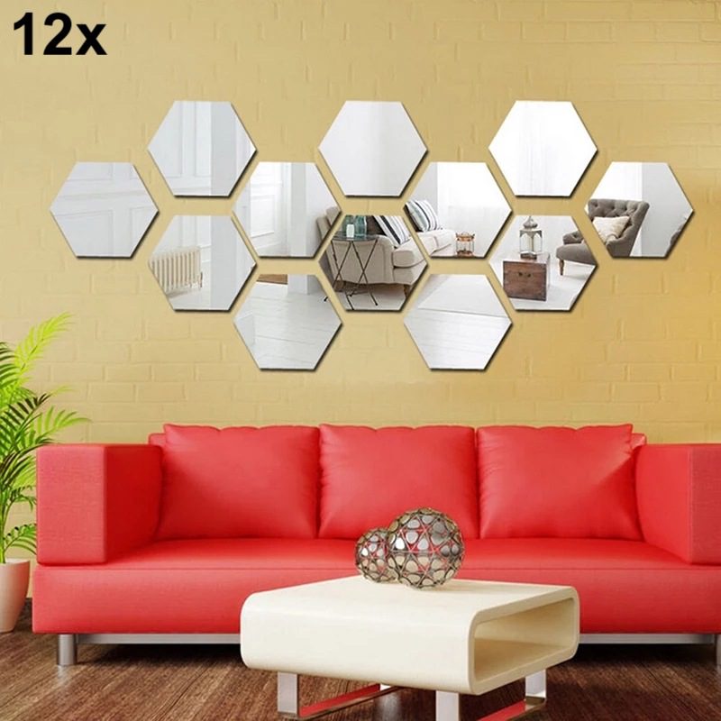 12x Acrylic Hexagon wall decor Mirror(Silver)