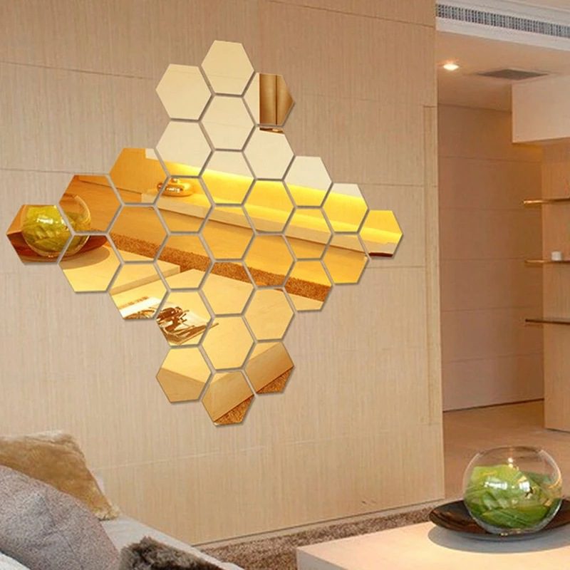 12x Acrylic Hexagon wall decor Mirror(Gold)